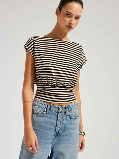 Striped Boat Neck Cinched Waist Top