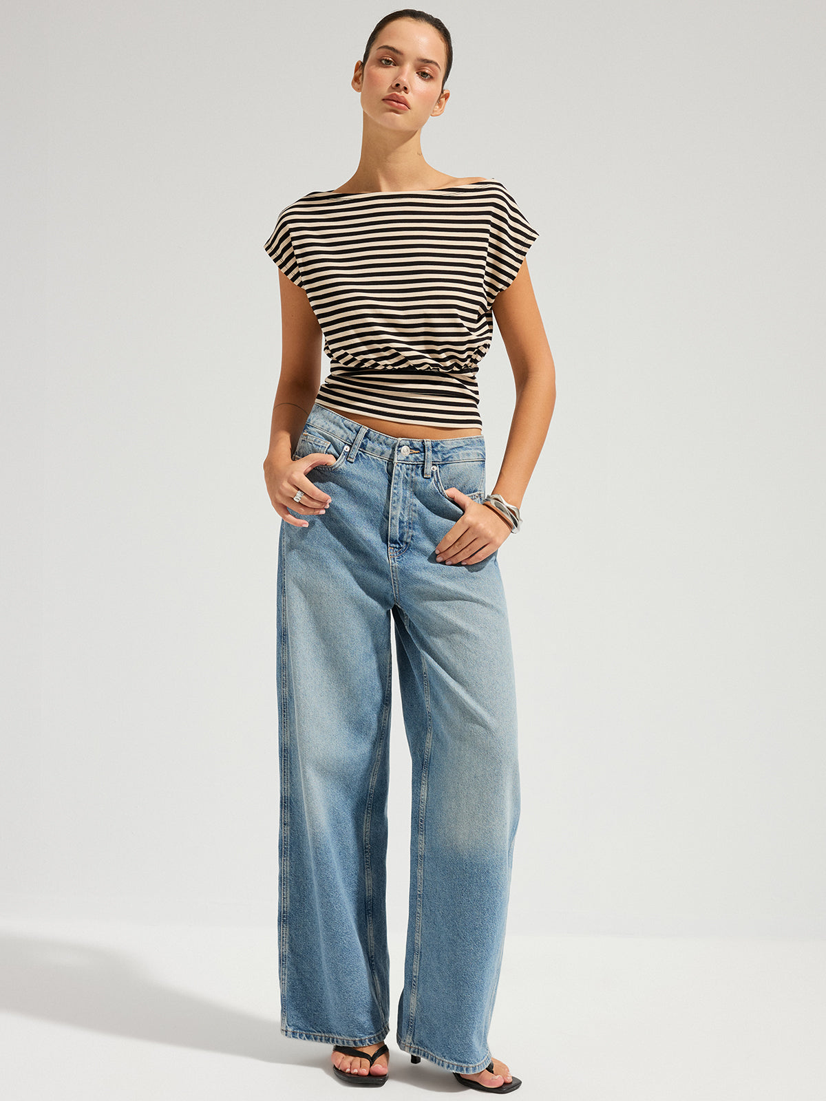 Striped Boat Neck Cinched Waist Top