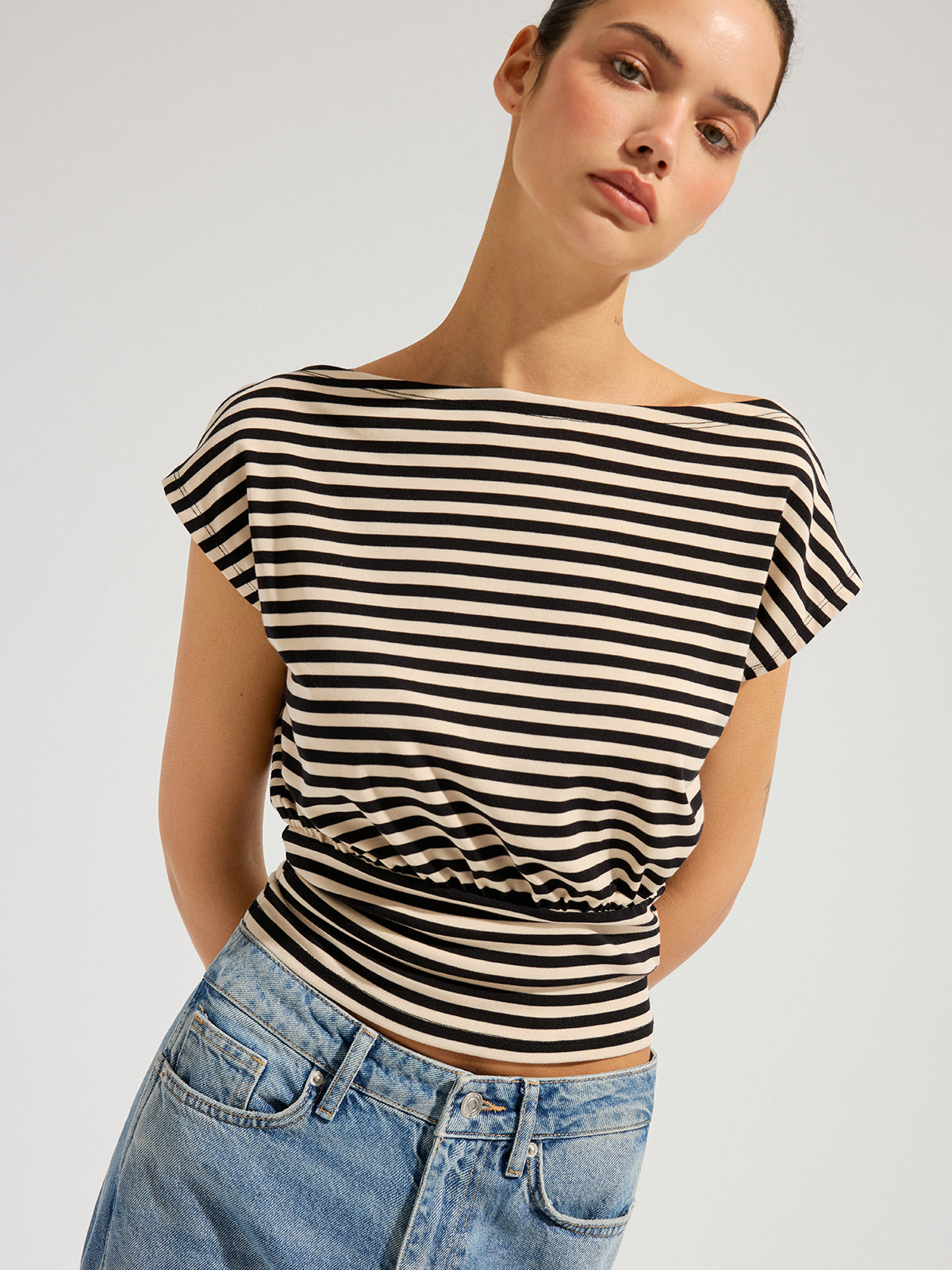 Striped Boat Neck Cinched Waist Top