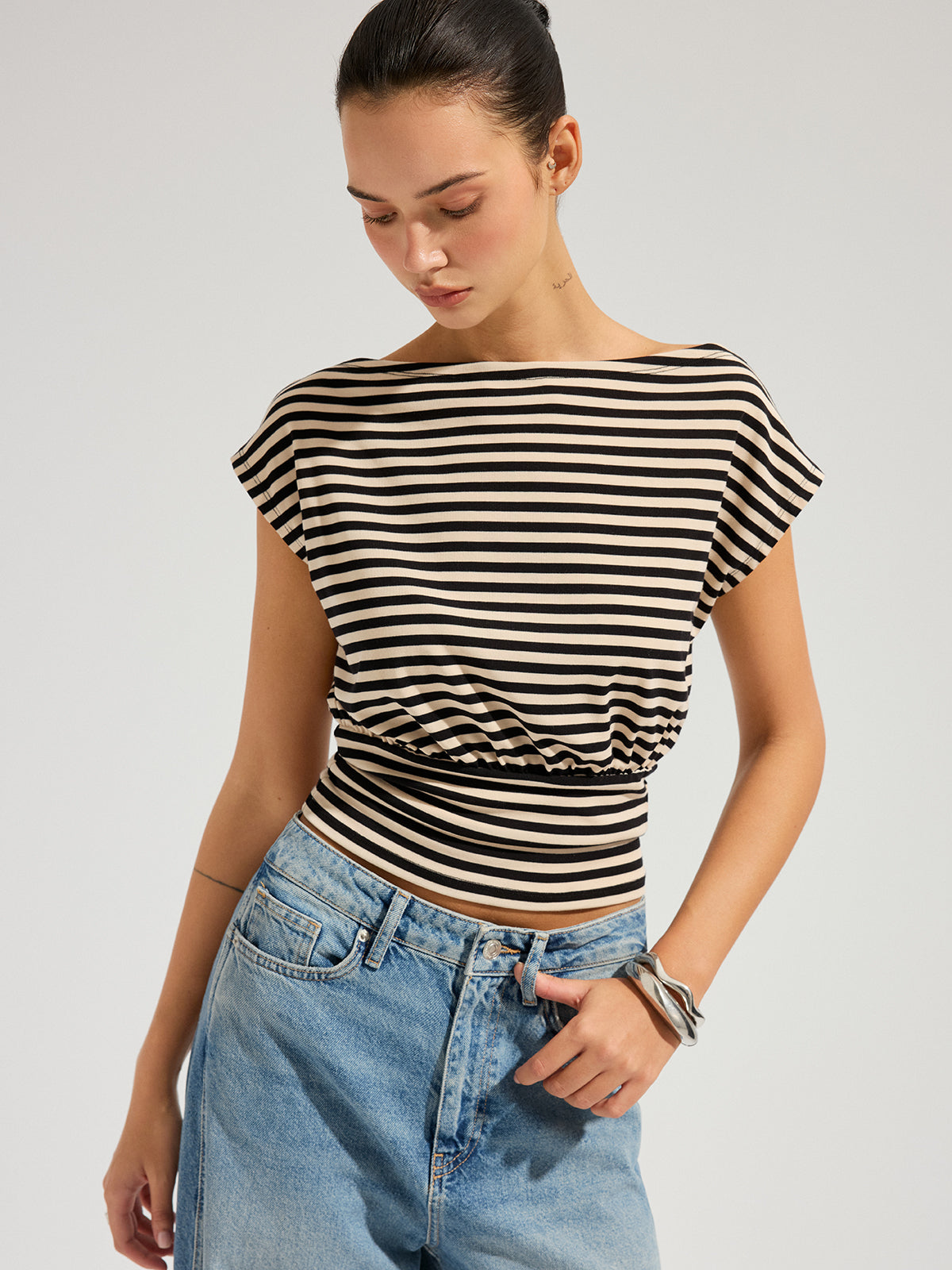 Striped Boat Neck Cinched Waist Top