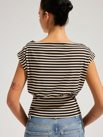 Striped Boat Neck Cinched Waist Top