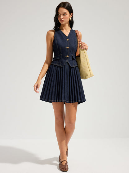 Denim Sleeveless Pleated Mini Dress