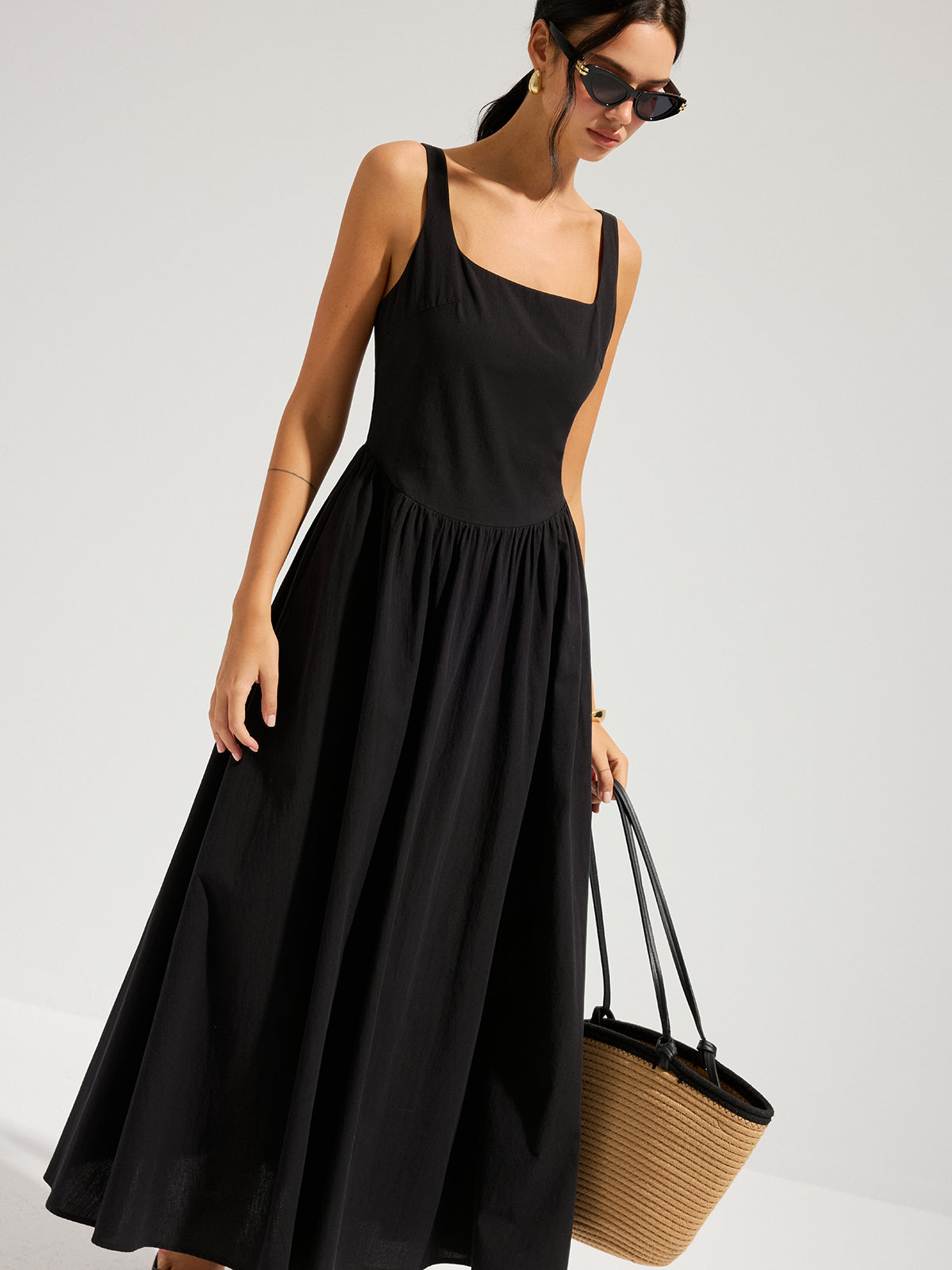 Cotton Square Neck Backless Maxi Dress