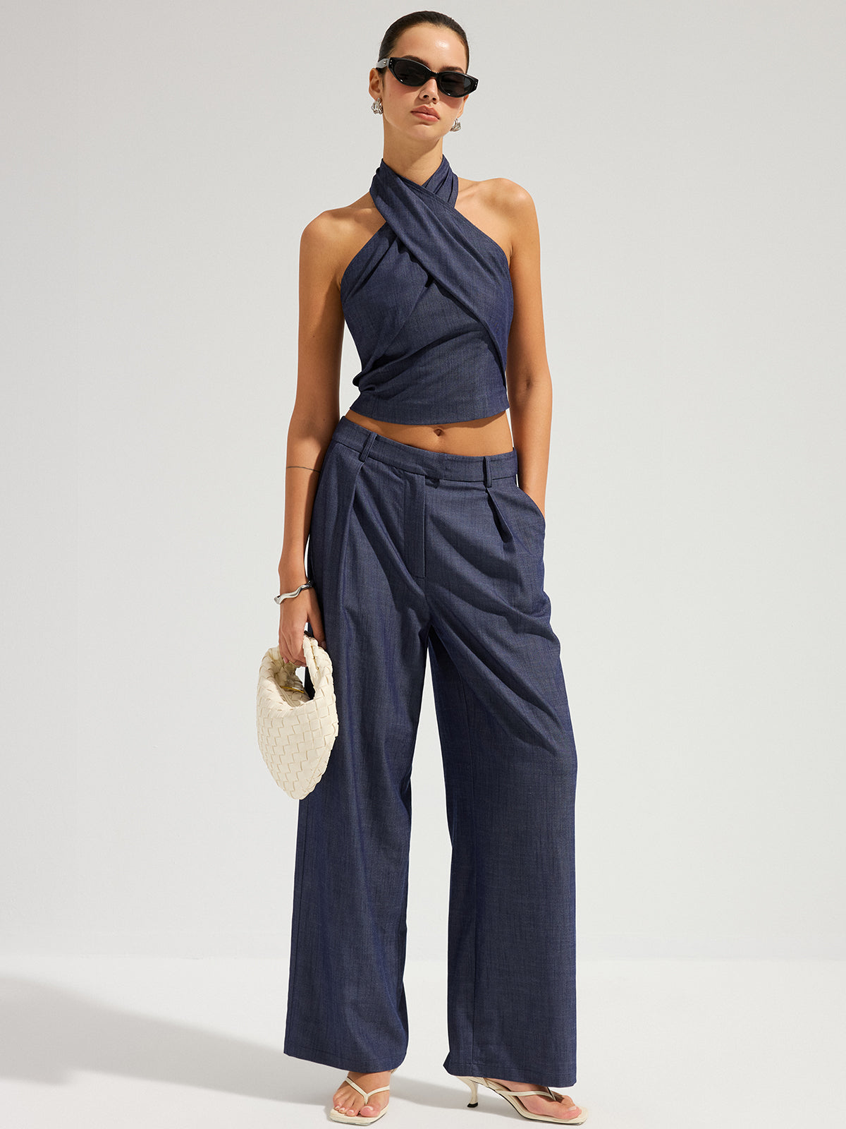 Denim Halter Neck Crop Top & Pants Set