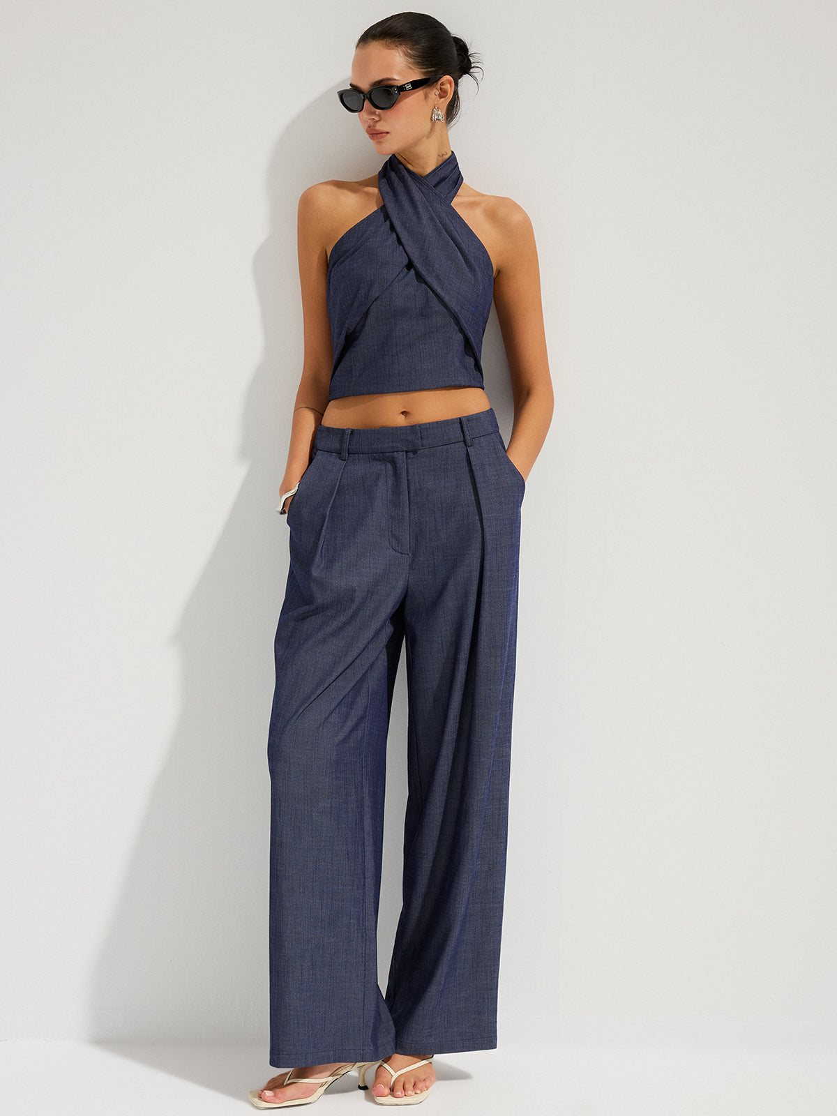 Denim Halter Neck Crop Top & Pants Set