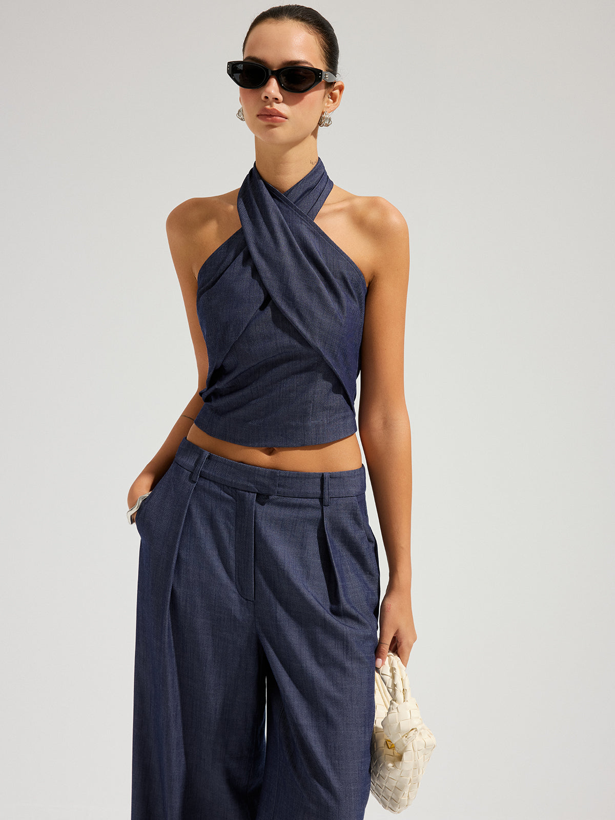 Denim Halter Neck Crop Top & Pants Set
