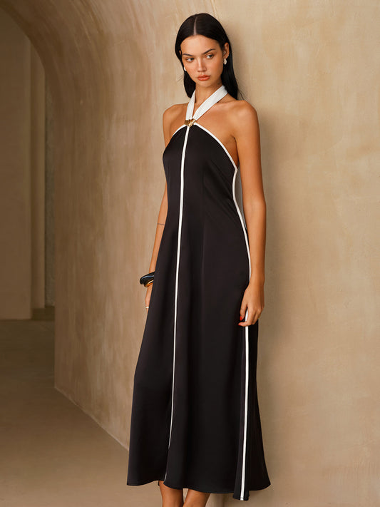 Satin Contrast Trim Halter Midi Dress
