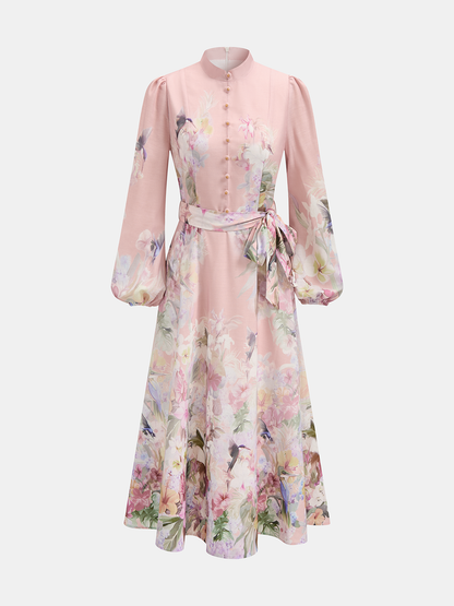 Floral Print Belted Puffed Sleeve Maxi Dress