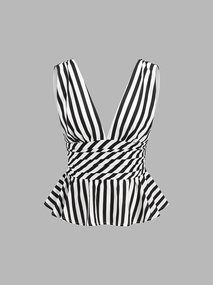 Striped Deep V Peplum Sleeveless Top