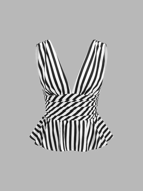 Striped Deep V Peplum Sleeveless Top