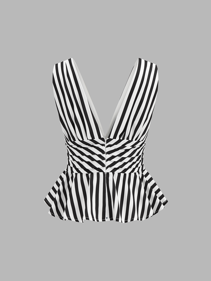 Striped Deep V Peplum Sleeveless Top
