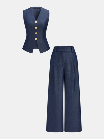 Metal Detail Vest & Wide Leg Pants Set