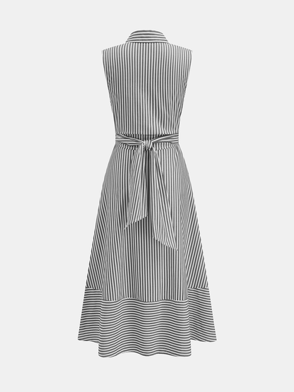 Striped Collared Sleeveless Tie Waist Midi Dress