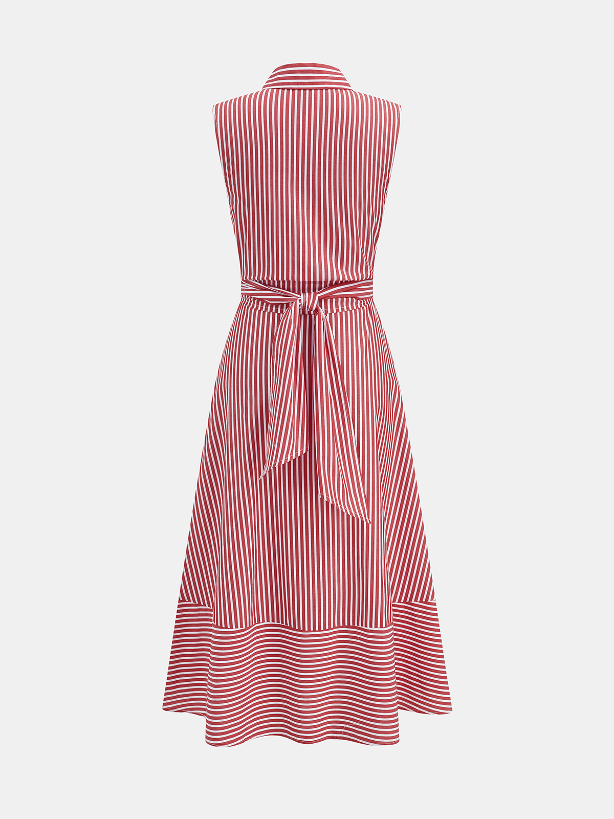 Striped Collared Sleeveless Tie Waist Midi Dress