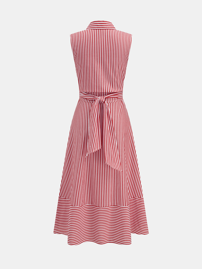 Striped Collared Sleeveless Tie Waist Midi Dress