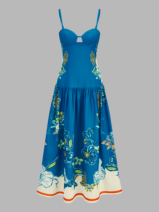 Floral Print Cut Out Bust Cami Midi Dress