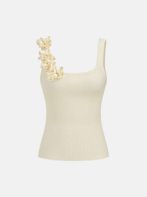 Ruffled Strap Ribbed Knit Tank Top