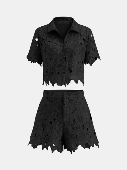 Floral Lace Cropped Shirt & Shorts Set