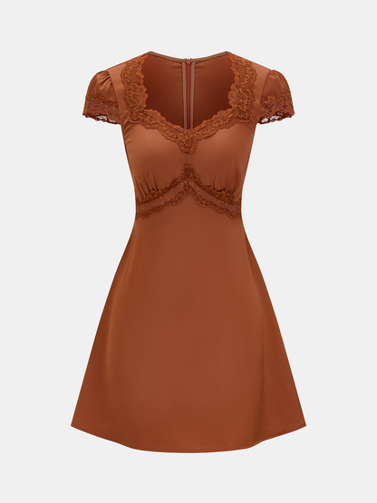 Lace Trim V-Neck Satin Mini Dress