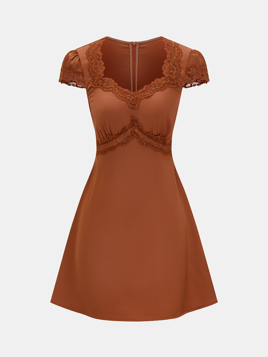 Lace Trim V-Neck Satin Mini Dress