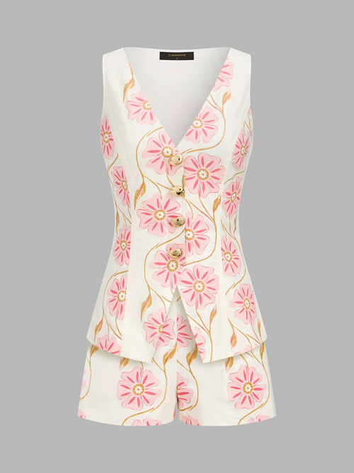 Floral Print Cotton Linen Vest & Shorts Set