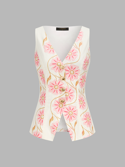 Floral Print Cotton Linen Vest & Shorts Set