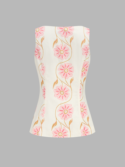 Floral Print Cotton Linen Vest & Shorts Set
