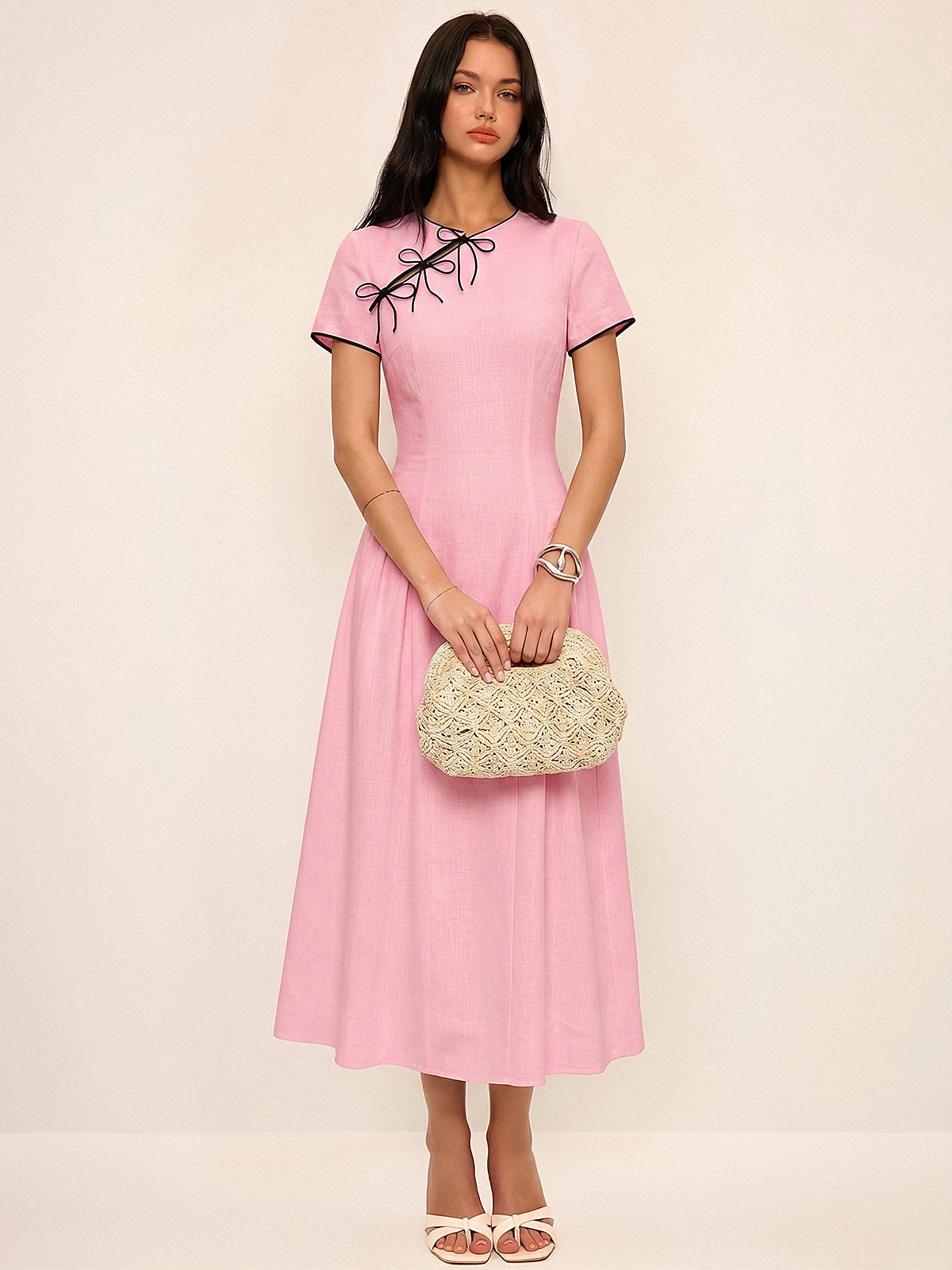 Bow Detail Cotton Cheongsam Midi Dress