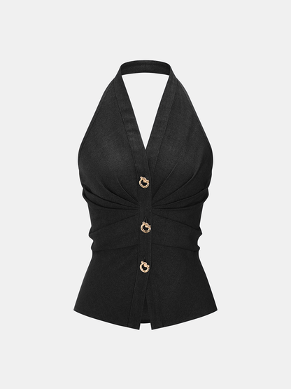 Metal Button Denim Halter Ruched Top