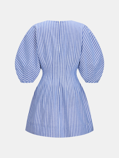 Striped Puff Sleeve Cotton Linen Mini Dress