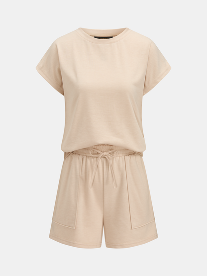 Casual Short Sleeve Top & Drawstring Shorts Set