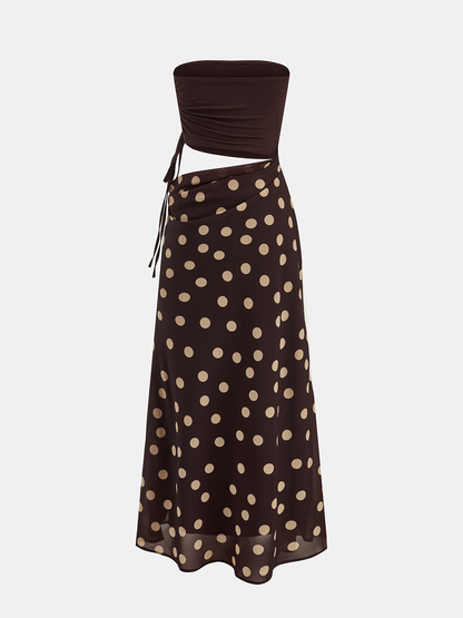 Polka Dot Cutout Waist Bandeau Maxi Dress