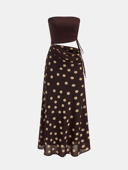 Polka Dot Cutout Waist Bandeau Maxi Dress