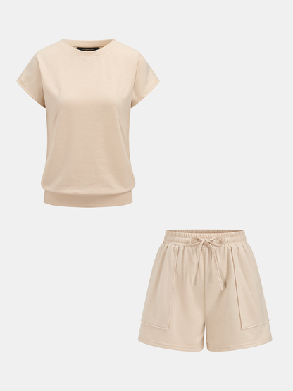 Casual Short Sleeve Top & Drawstring Shorts Set