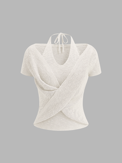 Halter Wrap Short Sleeve Knit Top