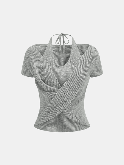 Halter Wrap Short Sleeve Knit Top
