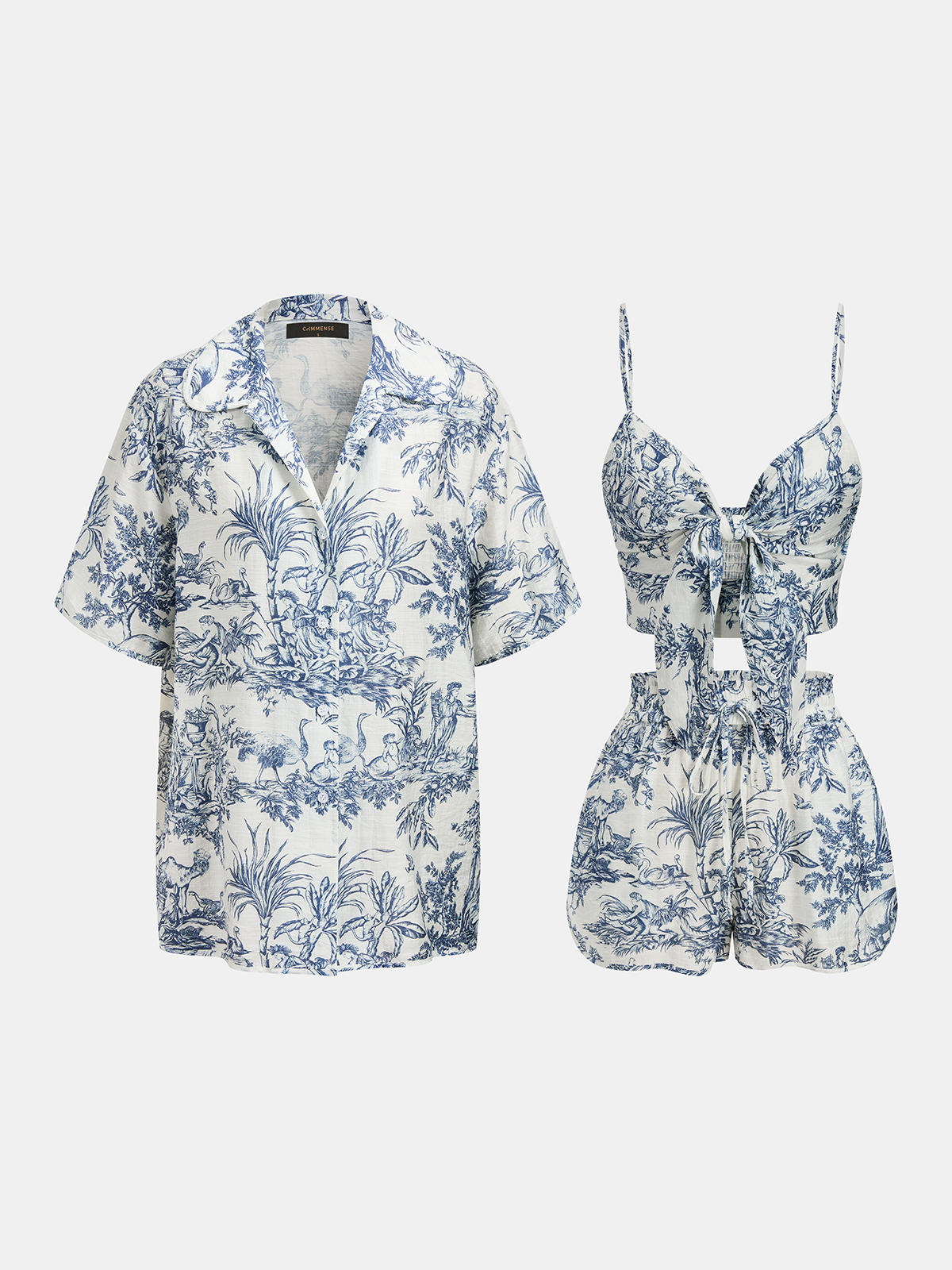 Toile Print Casual Three Piece Shorts Set