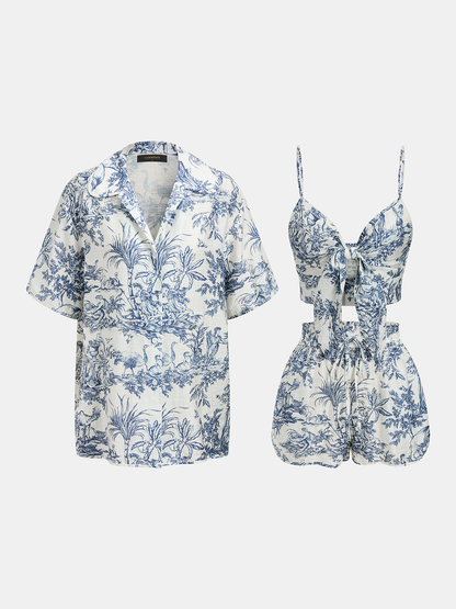 Toile Print Casual Three Piece Shorts Set