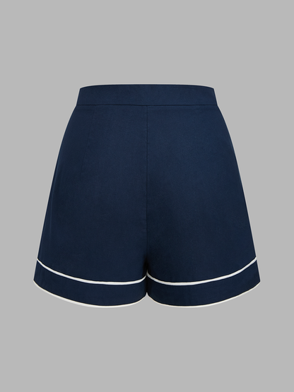 Contrast Trim Cotton Linen Top & Shorts Set