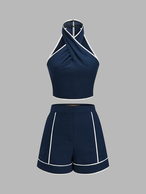 Contrast Trim Cotton Linen Top & Shorts Set