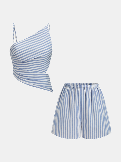 Striped Cotton Blend Cutout Top & Shorts Set