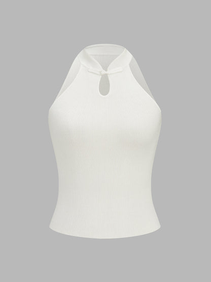 Frog Button Keyhole Neck Ribbed Knit Tank Top