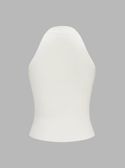 Frog Button Keyhole Neck Ribbed Knit Tank Top