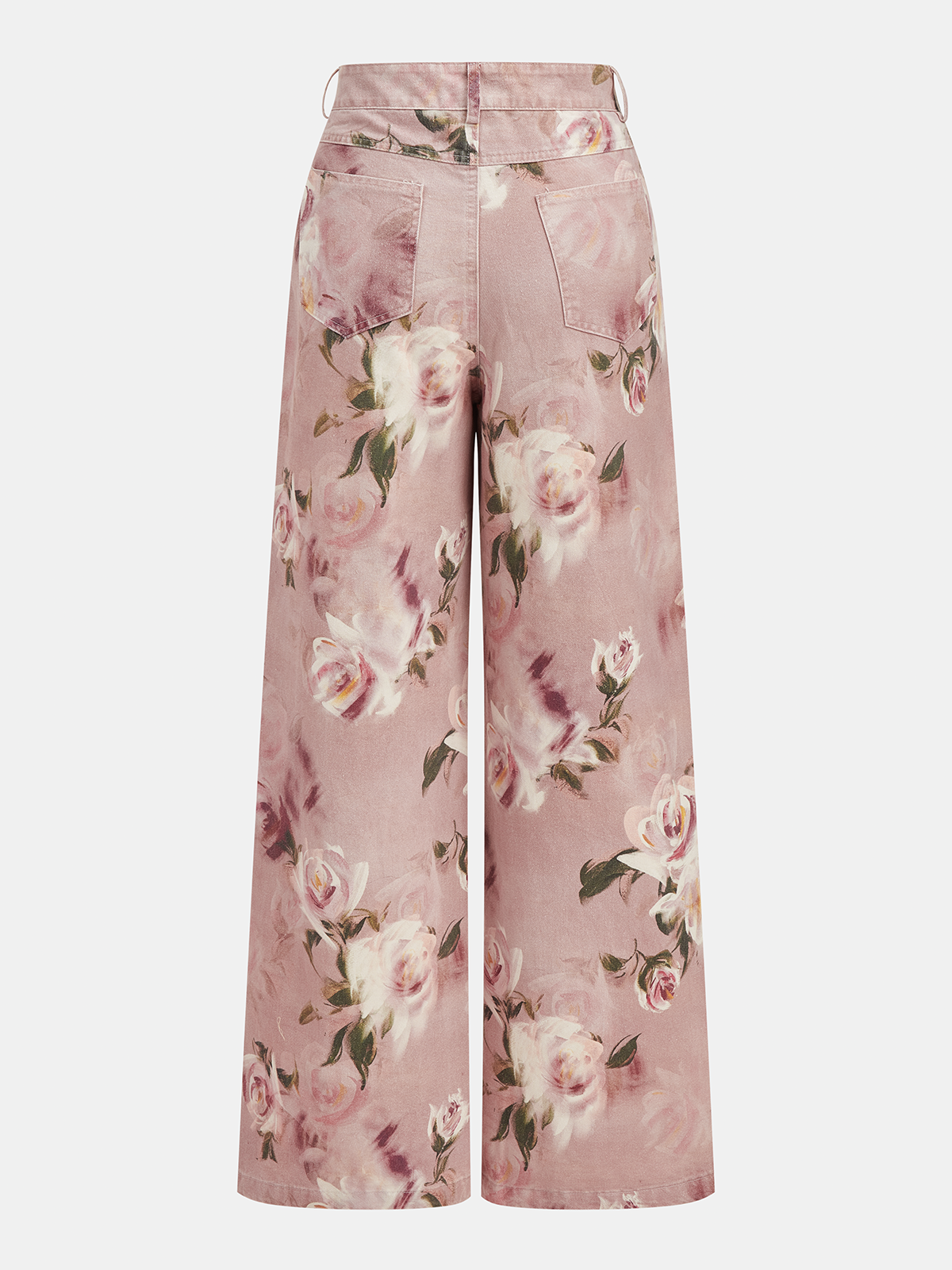 Mid-Waist Rose Print Wide Leg Denim Pants