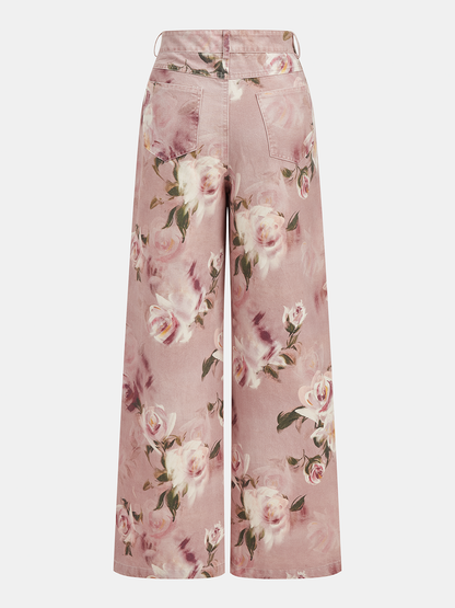 Mid-Waist Rose Print Wide Leg Denim Pants