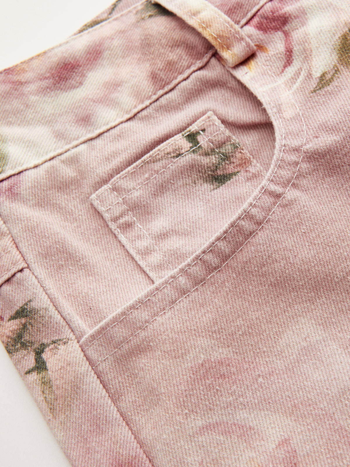 Mid-Waist Rose Print Wide Leg Denim Pants