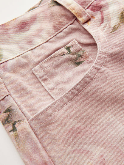 Mid-Waist Rose Print Wide Leg Denim Pants