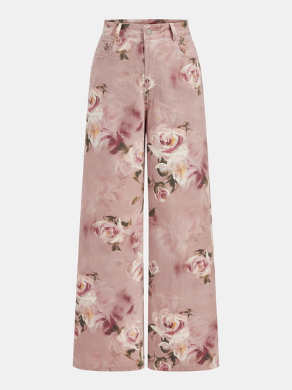 Mid-Waist Rose Print Wide Leg Denim Pants