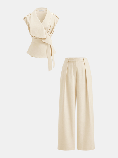 Wrap Front Fitted Top & Pleated Pants Set