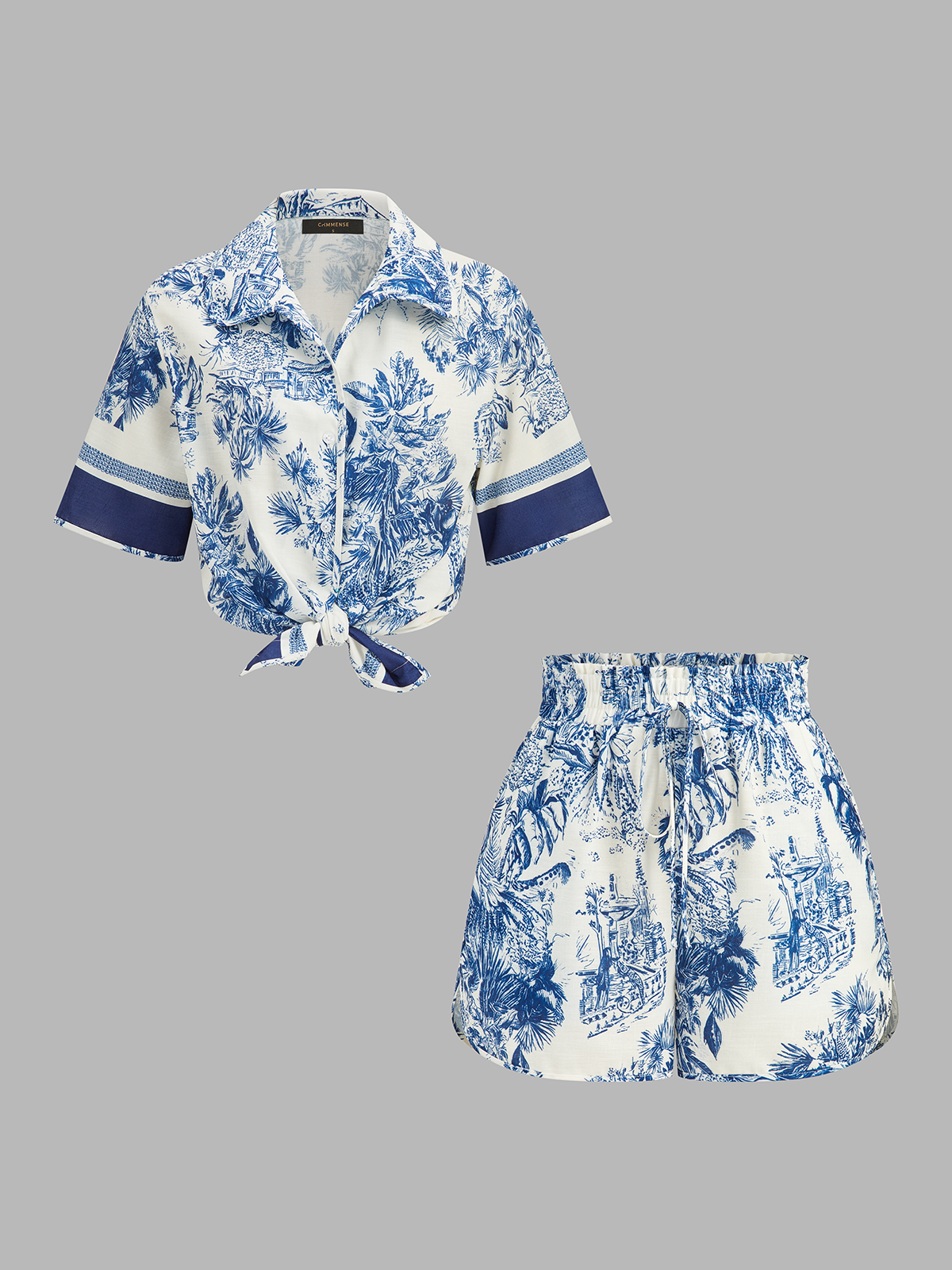 Casual Toile Print Shirt & Shorts Set